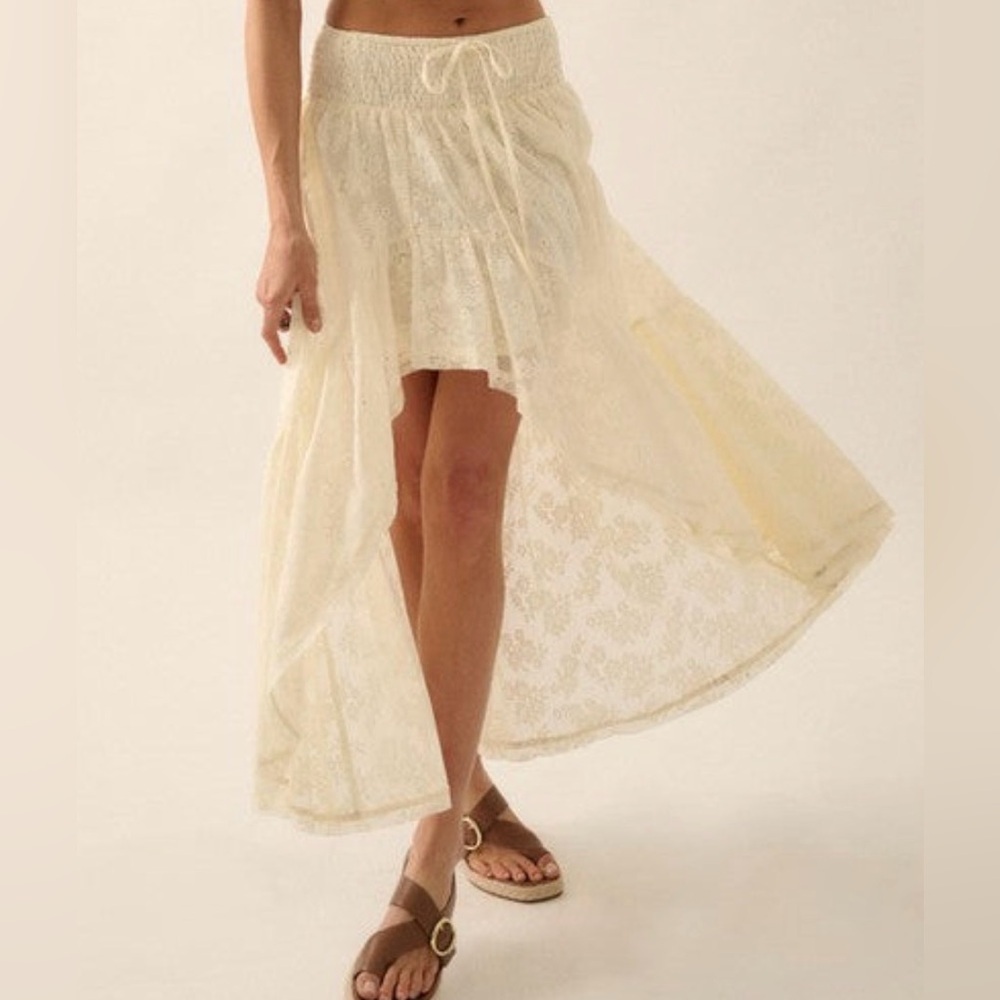 Promesa Sheer Floral Lace Asymmetrical High Low Ruffle Hem Maxi Skirt - Picture 9 of 9